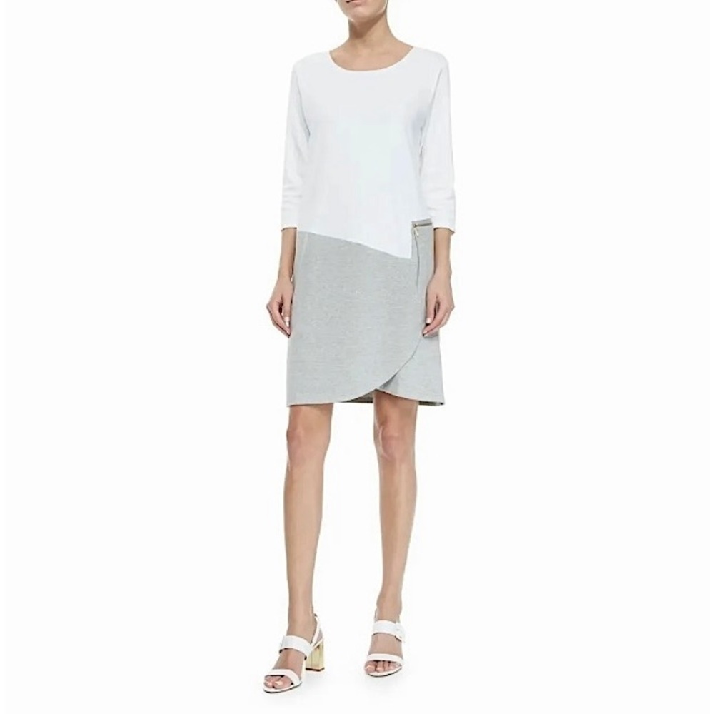 Joan Vass EUC Colorblock 3/4 Sleeves Dress White/Heather Bateau‎ Neck, size 16